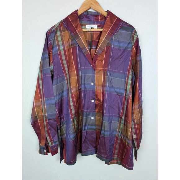 Coldwater Creek Tops - Coldwater Creek Shirt XL Purple Red Plaid 100% Silk Button Front Blouse Mb